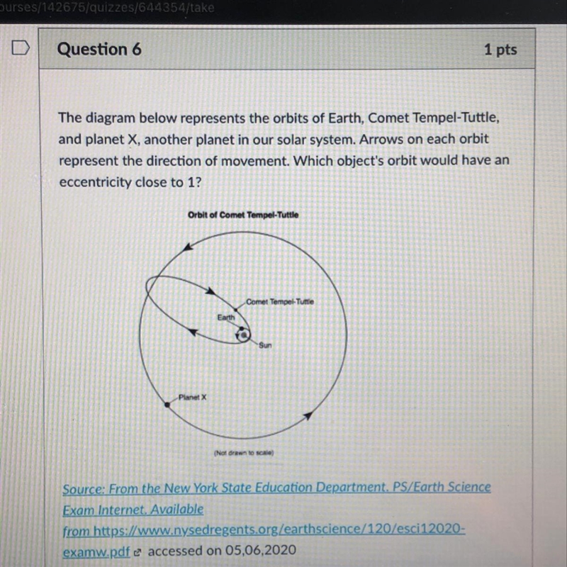 the diagram below represents the orbits of earth, comet temple-tuttle, and planet-example-1