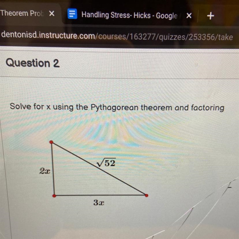 Solve for x using Pythagorean theorem-example-1