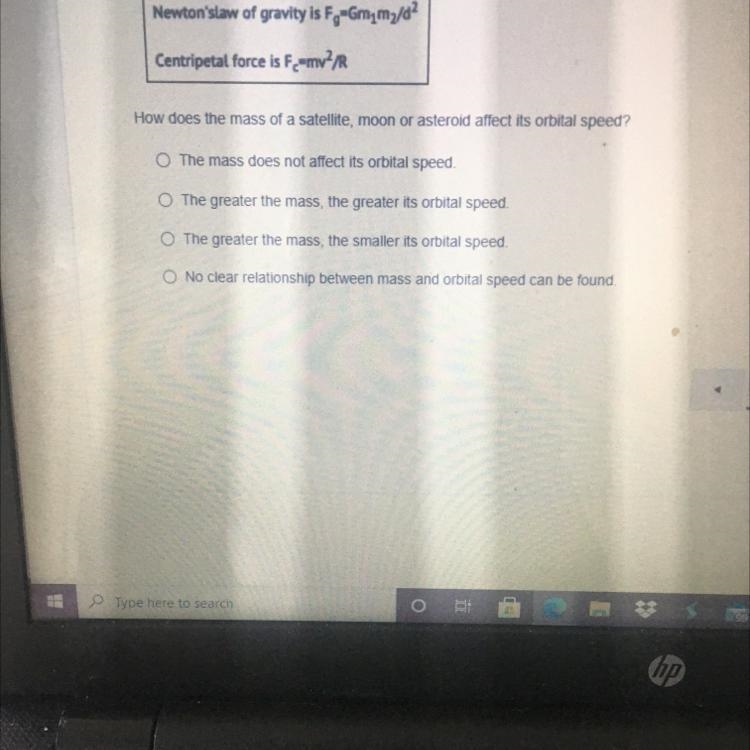 How does the mass of a satellite, moon or asteroid affect its orbital speed?-example-1