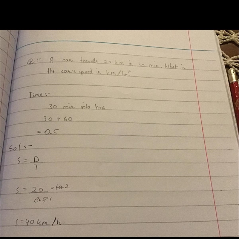 A car travels 20 km in 30 minutes, what is the cars speed in km/hour?-example-1