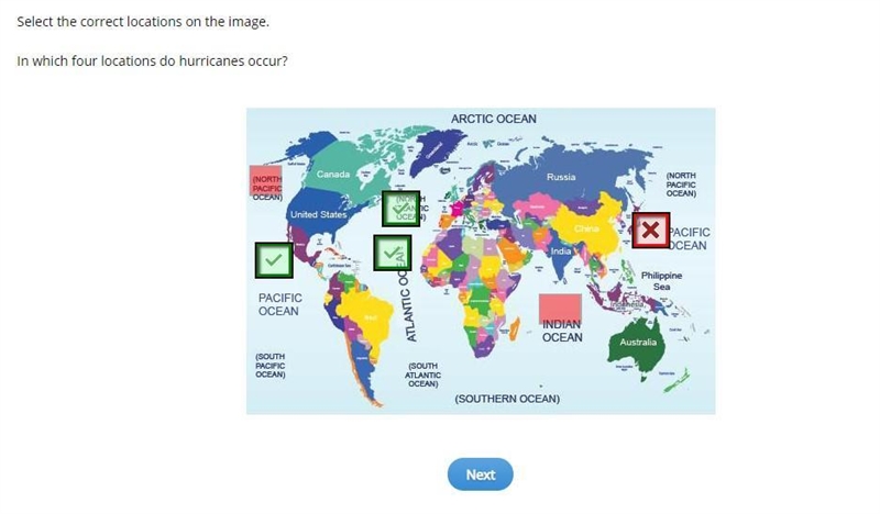 Select the correct locations on the image. In which four locations do hurricanes occur-example-1