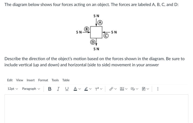 The diagram below shows four forces acting on an object. The forces are labeled A-example-1