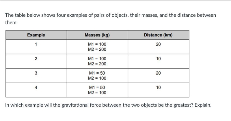 The table below shows 4 examples of pairs of objects, their masses, and the distance-example-1