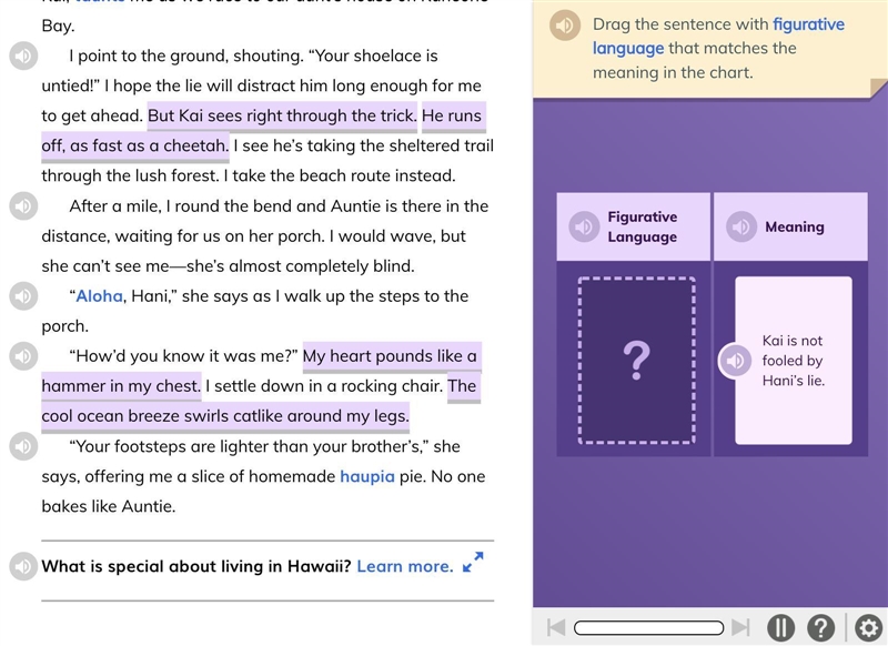 Drag the sentence with figurative language that matches the meaning in the chart.-example-1