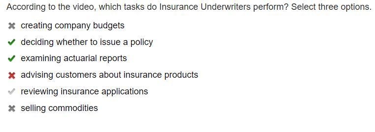 According to the video, which tasks do Insurance Underwriters perform? Select three-example-1