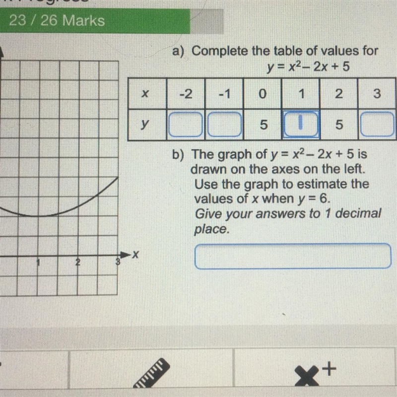 A) Complete the table of values for y = x2 - 2x + 5 Х -2 -1 0 1 2 3 y 9 5 6 5 b) The-example-1