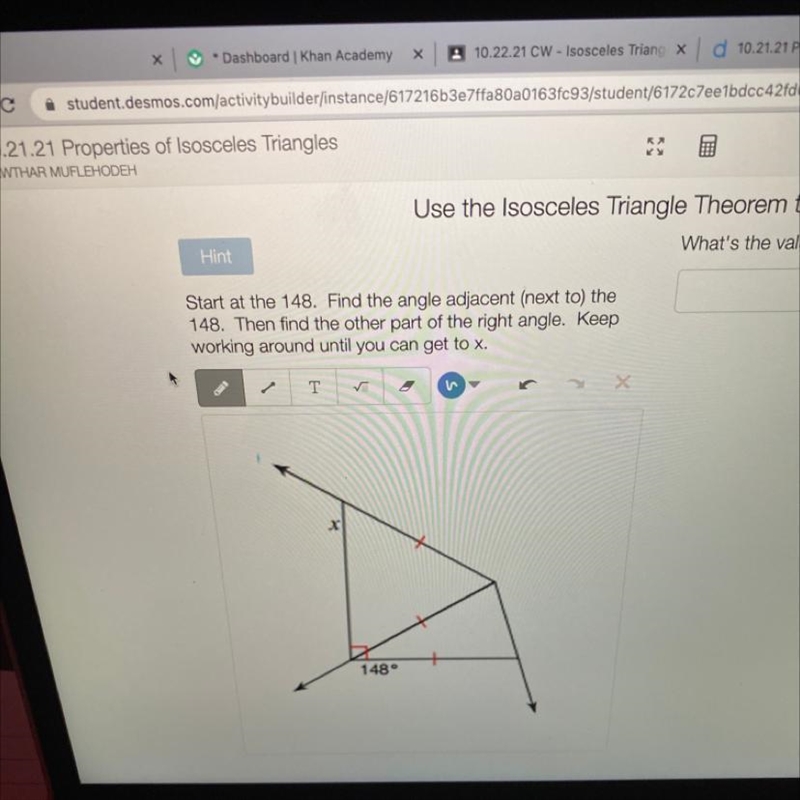 Use the isosceles triangle through them to solve for X-example-1