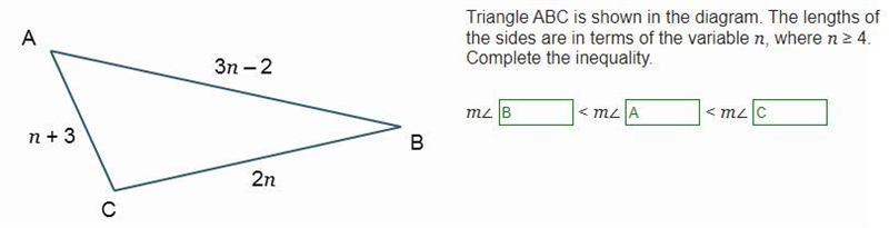 Triangle A B C is shown. The length of side A B is 3 n minus 2. The length of side-example-1