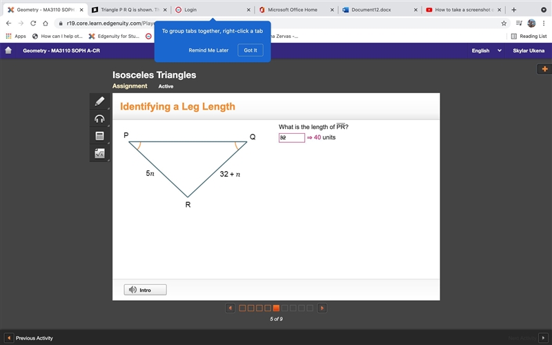 Triangle P R Q is shown. The length of side P R is 5 n. The length of side R Q is-example-1