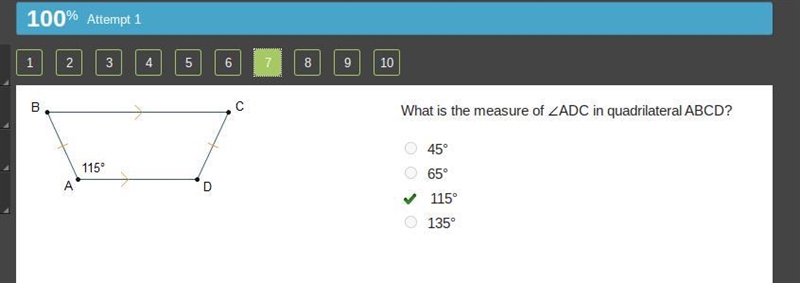 What is the measure of ADC in quadrilateral ABCD? 45° 65° 115° 135°.-example-1