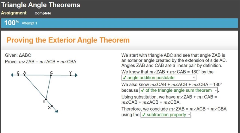 We start with triangle ABC and see that angle ZAB is an exterior angle created by-example-1