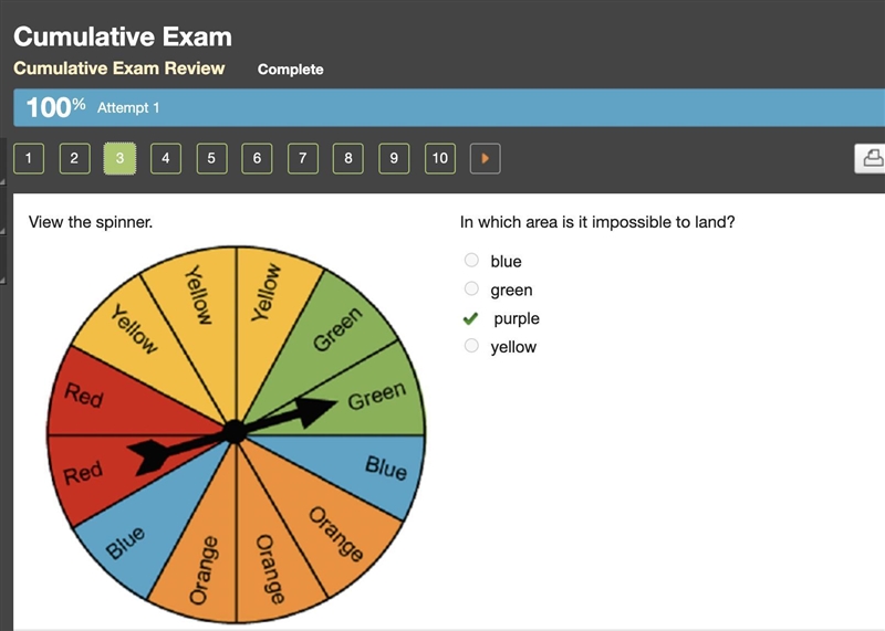 View the spinner. In which area is it impossible to land? O blue Yellow Yellow Yellow-example-1