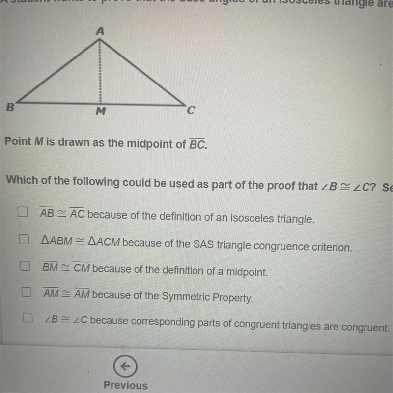 A student wants to prove that the base angles of an isosceles triangle are congruent-example-1