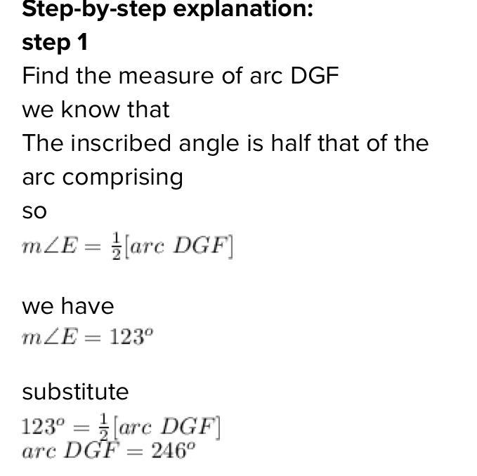 Circle H is inscribed with quadrilateral D E F G. Angle E is 123 degrees. The measure-example-1