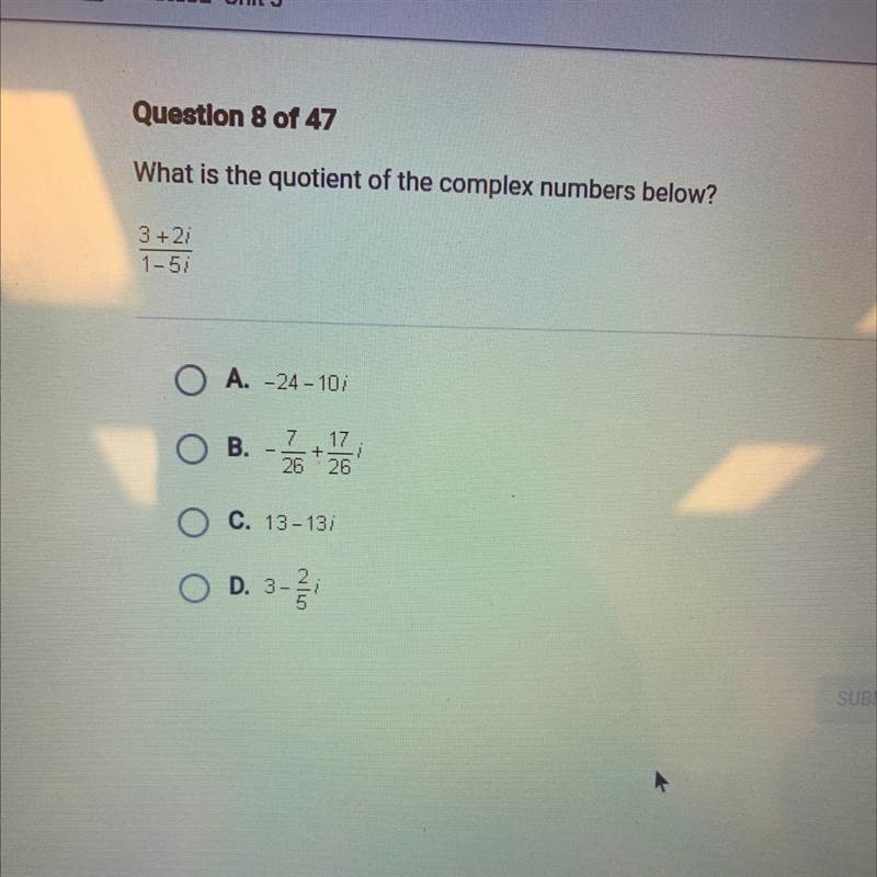 What is the quotient of the complex numbers below? 3 +2i/1-5i-example-1