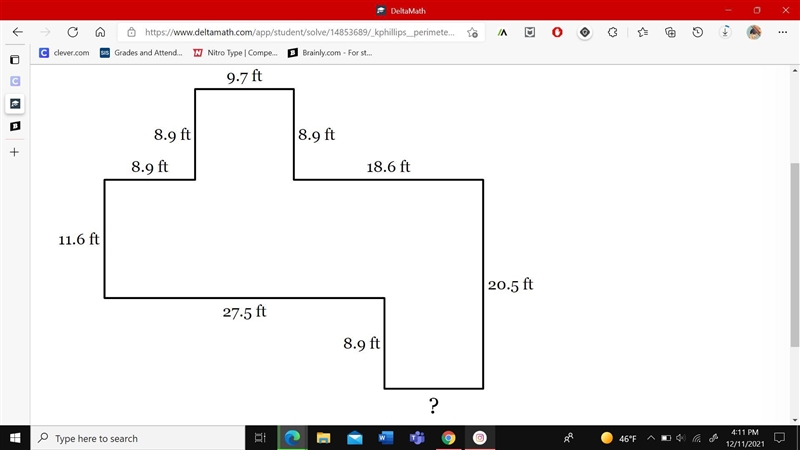 The perimeter of the figure below is 133.1 ft. Find the length of the missing side-example-1