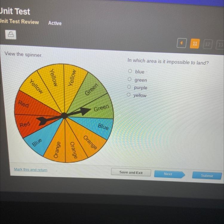 View the spinner. In which area is it impossible to land? O blue Yellow Yellow Yellow-example-1