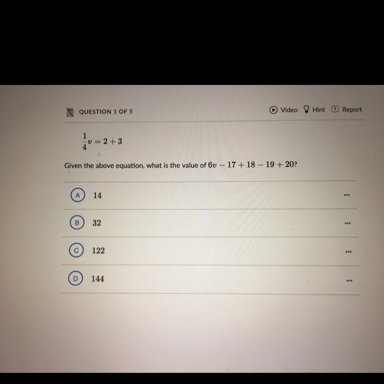 1/4V= 2 + 3 Given the above equation, what is the value of 6v – 17 + 18 – 19 + 20? A-example-1