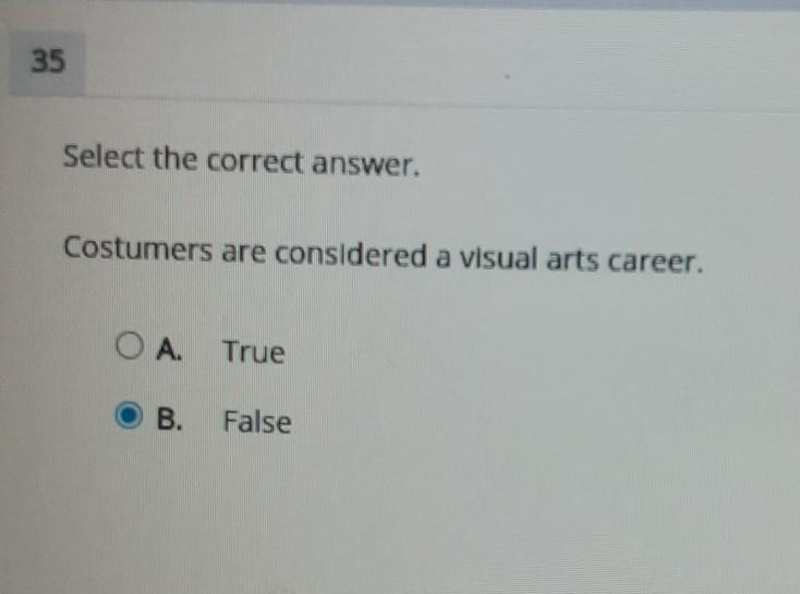 Costumers are considered a visual arts career. TRUE OR FALSE???​-example-1