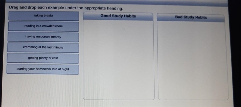 Drag and drop each example under the appropriate heading. PLZ HELP ONLY HAVE 10 MINUTES-example-1