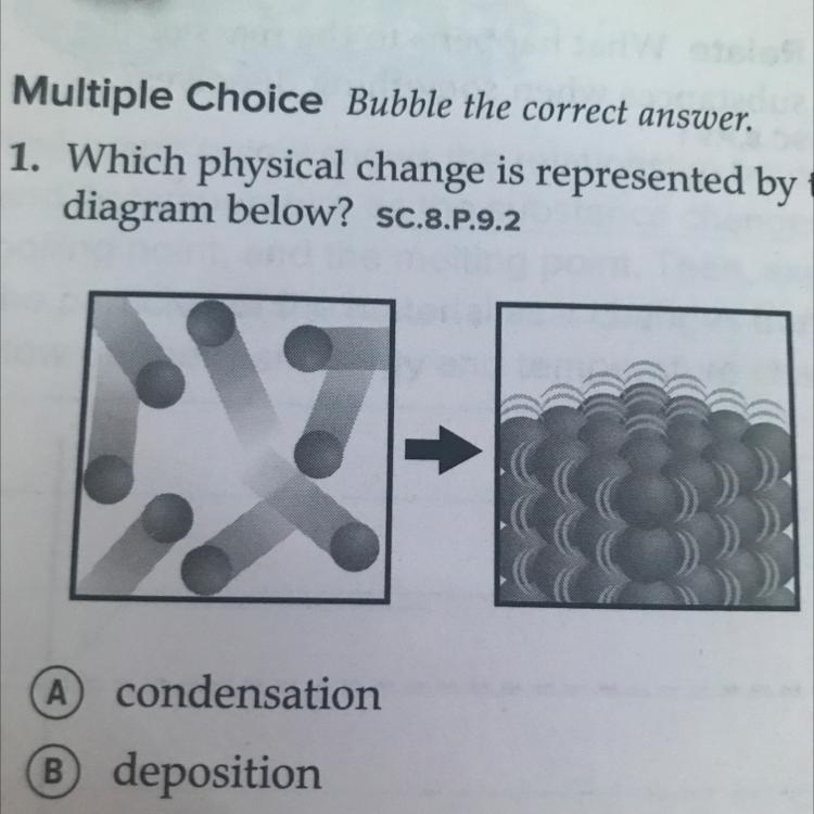 Which physical change is represented by the diagram below?A)condensation B)deposition-example-1