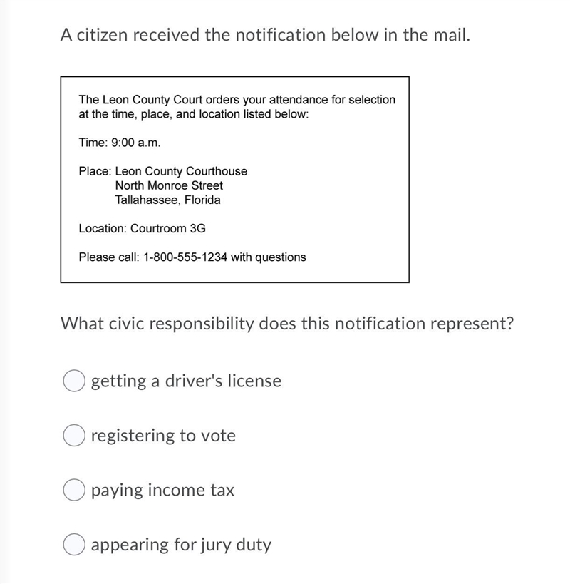HALPPPPPP A citizen received the notification below in the mail. What civic responsibility-example-1