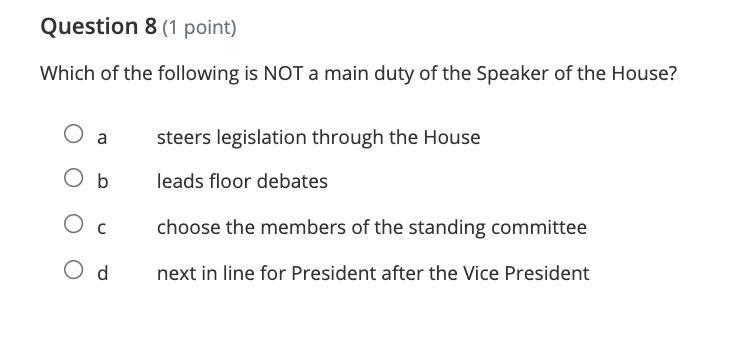 Which of the following is NOT a main duty of the Speaker of the House?-example-1