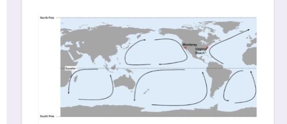 Monterey and Virginia Beach are the same distance from the equator and they are both-example-1