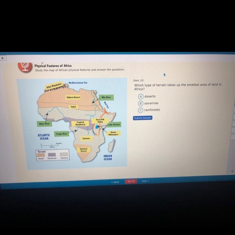 Which type of terrain takes up the smallest area of land in Africa?-example-1