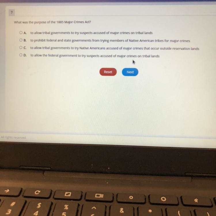 What was the purpose of the 1885 Major Crimes Act? Does anyone know the answer??? Please-example-1