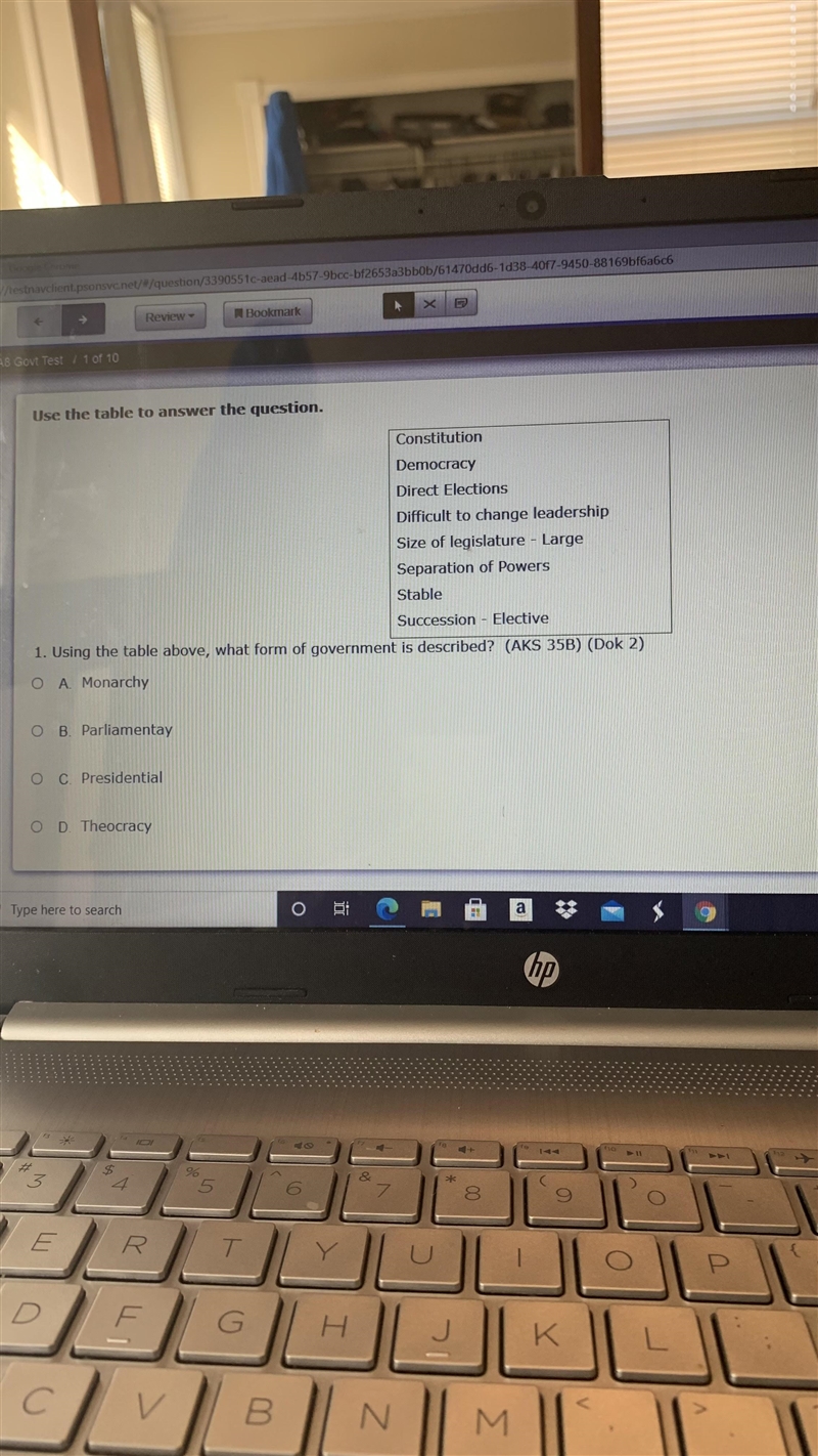 Using the table above, what form of government is described? A. Monarchy B. Parliamentay-example-1