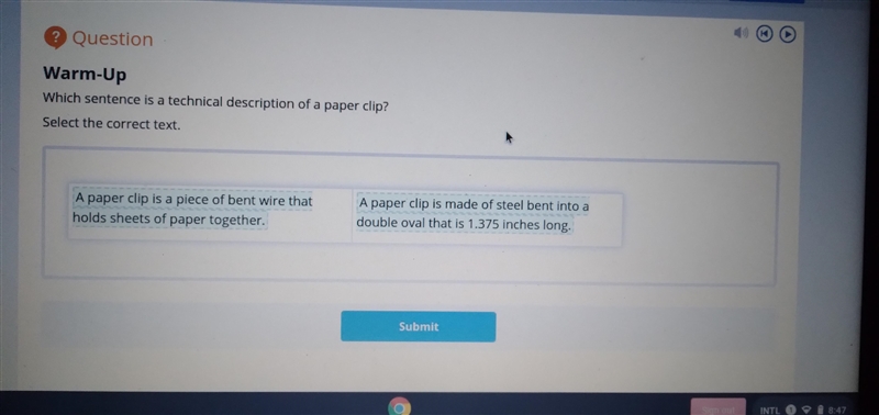 Which sentence is a technical description of a paper clip? Select the correct text-example-1