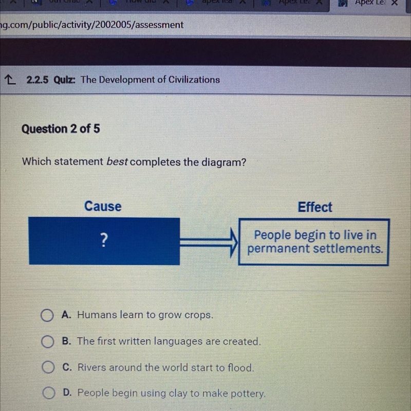 Question 2 of 5 Which statement best completes the diagram? Cause Effect ? People-example-1