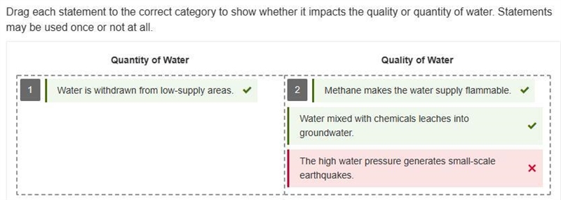 Drag each statement to the correct category to show whether it impacts the quality-example-1