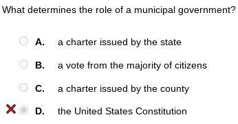 What determines the role of a municipal government? A. the United States Constitution-example-1