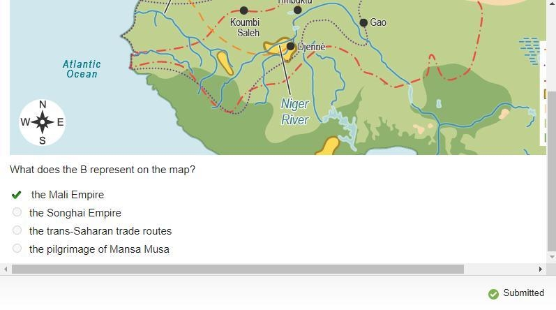 What does the B represent on the map? the Mali Empire the Songhai Empire the trans-example-1