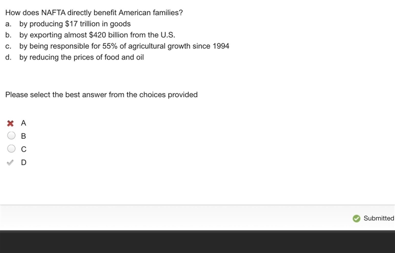 How does NAFTA directly benefit American families? a. by producing $17 trillion in-example-1