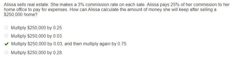 Alissa sells real estate. She makes a 3% commission rate on each sale. Alissa pays-example-1