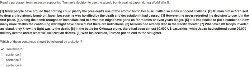 Read a paragraph from an essay supporting Truman’s decision to use the atomic bomb-example-1