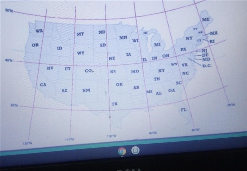 Take a look at the Map. 1) What state is found at 45 degree N and 70 degree W. 2) what-example-1