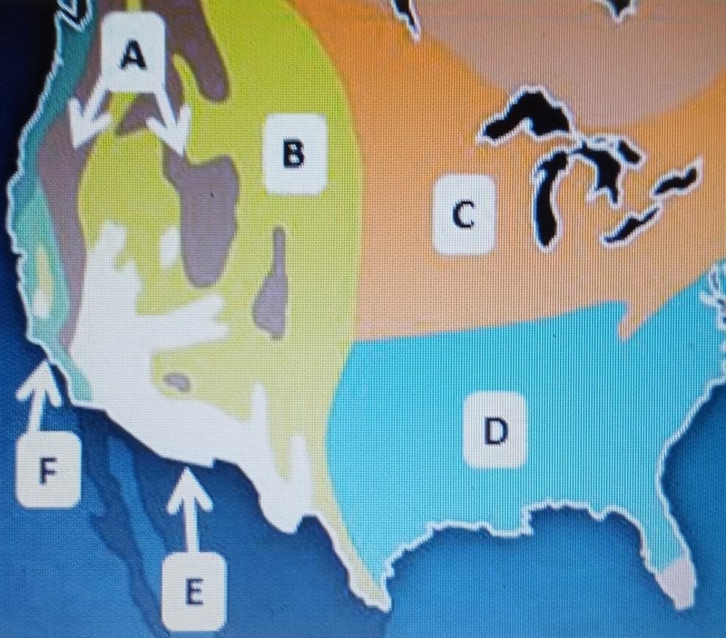 Which climate region is labeled with the letter F on the map above? A. marine west-example-1