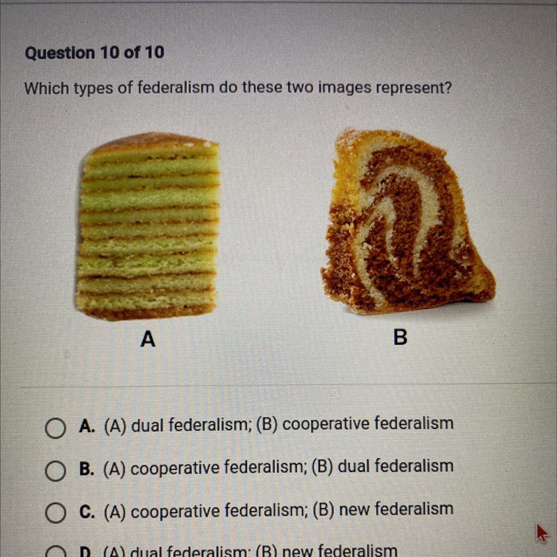 Which types of federalism do these two images represent? A B A. (A) dual federalism-example-1