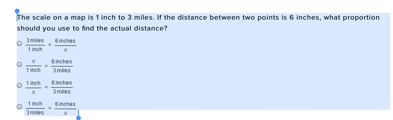 The scale on a map is 1 inch to 3 miles. If the distance between two points is 6 inches-example-1