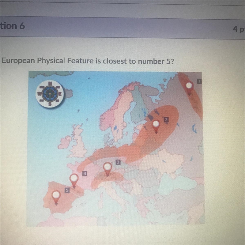 Which European Physical Feature is closest to number 5? و Iberian Peninsula Pyrenees-example-1