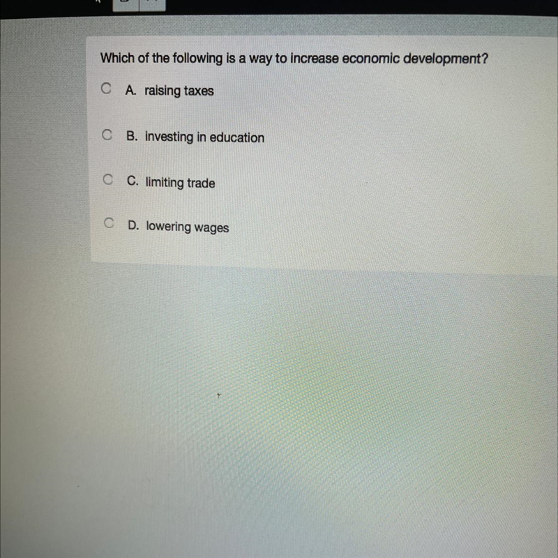 Which of the following is a way to increase economic development? A. raising taxes-example-1