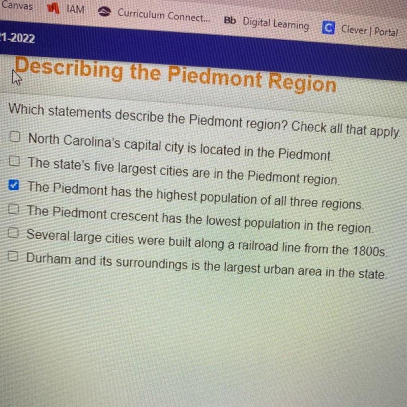 Which statements describe the Piedmont region? Check all that apply.-example-1