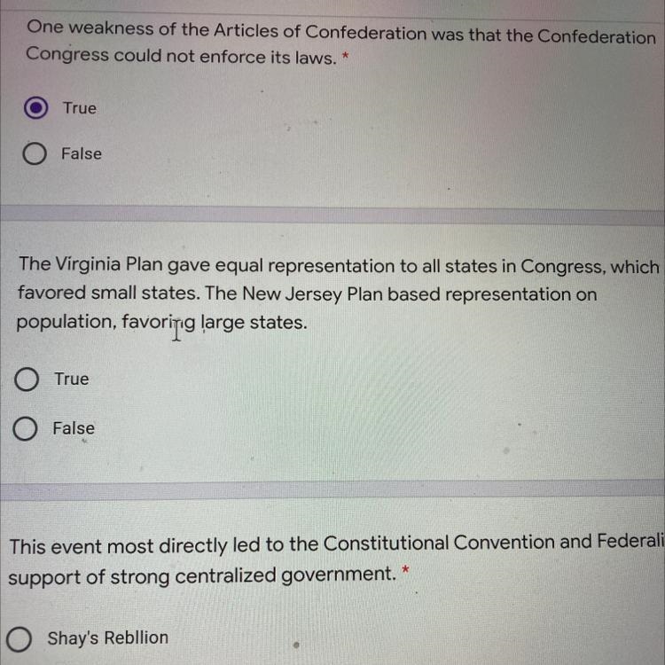 The Virginia Plan gave equal representation to all states in Congress, which favored-example-1