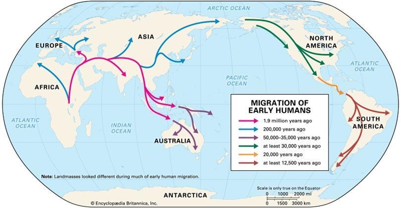 According to the map, to which of the following places did humans migrate after reaching-example-1