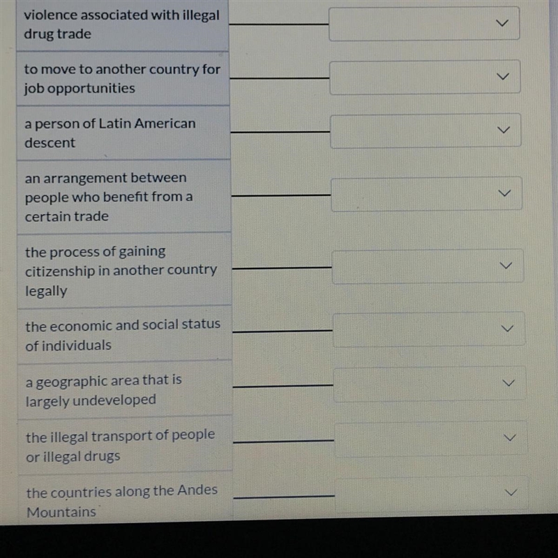 Match the definition to its vocabulary term. (The answer choices: naturalization, cartel-example-1