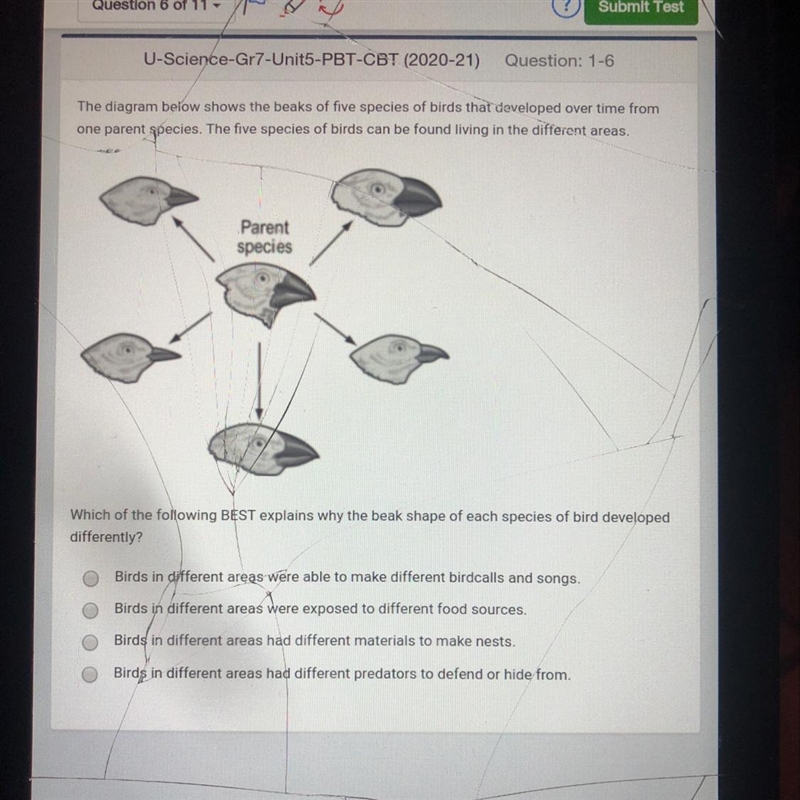 Question: 1-6 U-Science-Gr7-Unit5-PBT-CBT (2020-21) The diagram below shows the beaks-example-1